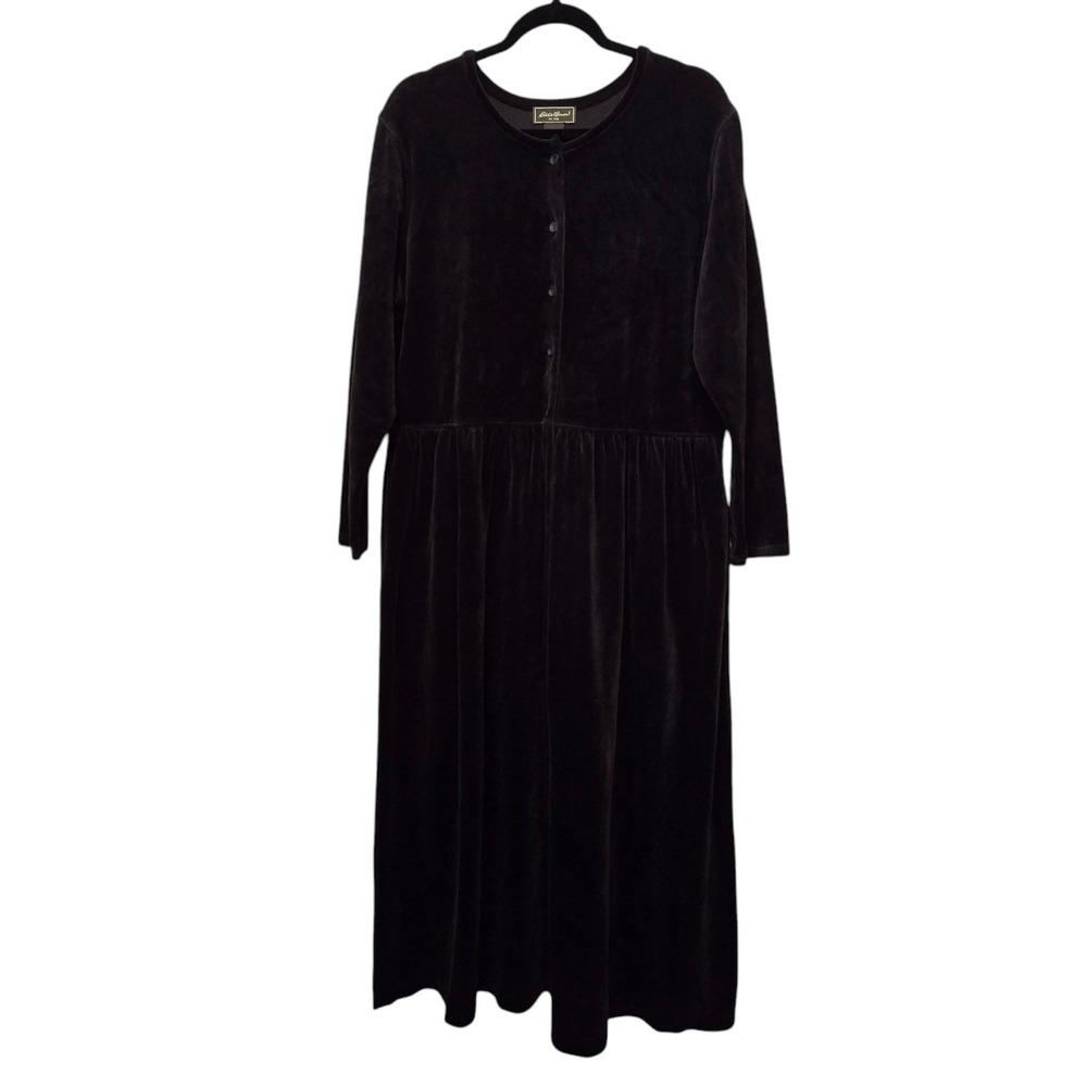 Vtg LL Bean Women‎ Velour Maxi Dress LG Black Full Button Lagenlook Cabin Modest